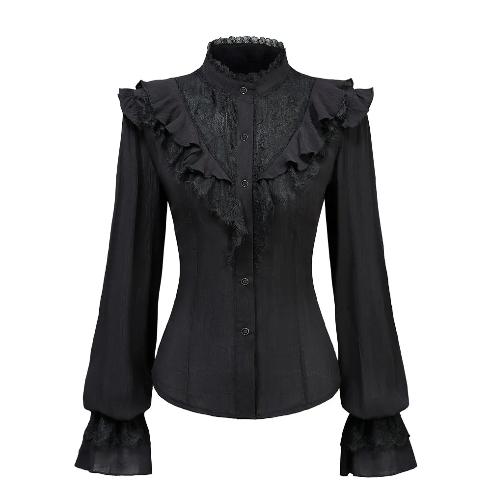 Black Gothic Long Sleeve Blouse Lace Panel Ruffles Full Buttons Tied Back Elegant Dark Romantic Fashion Tops for Women
Black Gothic Long Sleeve Blouse Lace Panel Ruffles Full Buttons Tied Back Elegant Dark Romantic Fashion Tops for Women