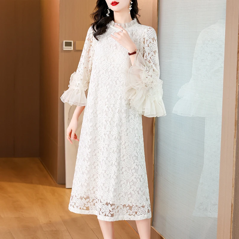 

2024 Floral Beading Embroidery Midi Women Korean Elegant Loose Maxi Dress Summer Vintage Chic Party Evening Vestido