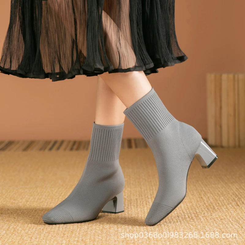 Black Square Toe Knit Sock Boots Elastic Slim Thick Block Heel High Heels Short Boots Fashion Autumn Casual Skinny Ankle Boots 25 S5da80083ae984c66b1f9361e3cb6c4dfj