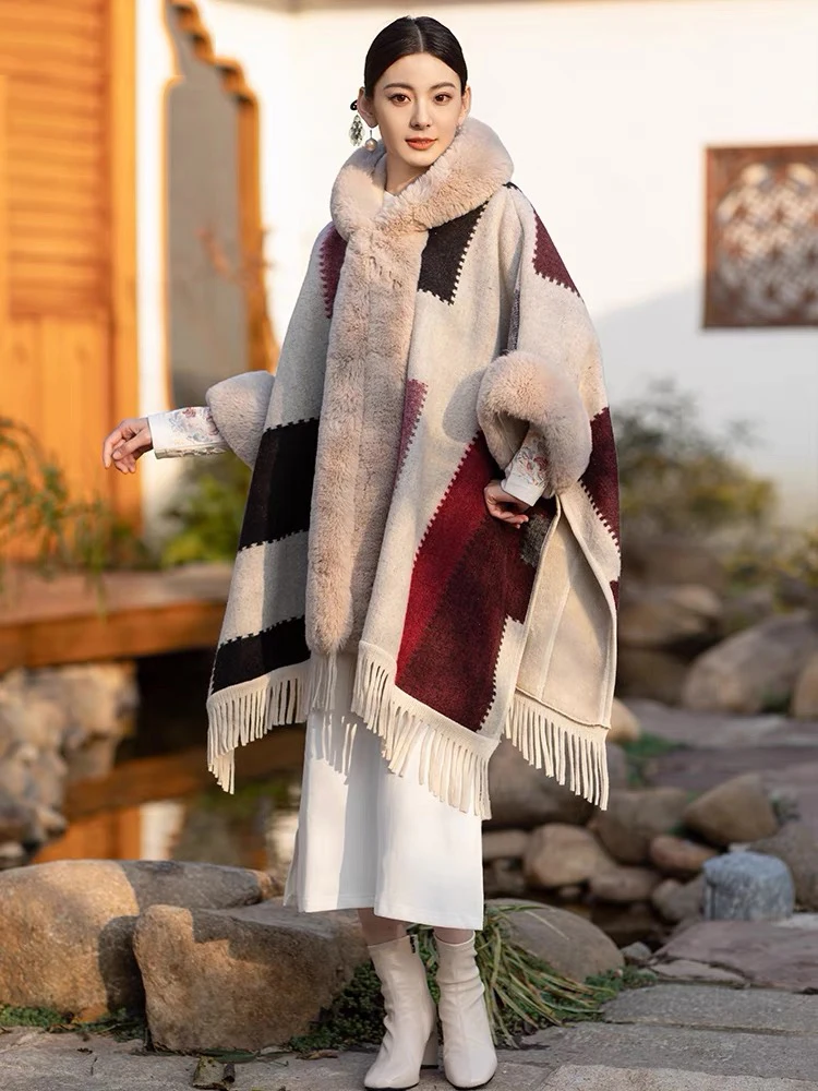 Fashion Comfort Faux Fur Wool Blends Cape Coat Hood Women Winter Loose Thicken Warm Cardigan Outerwear Travel Party Long Poncho
Fashion Comfort Faux Fur Wool Blends Cape Coat Hood Women Winter Loose Thicken Warm Cardigan Outerwear Travel Party Long Poncho
