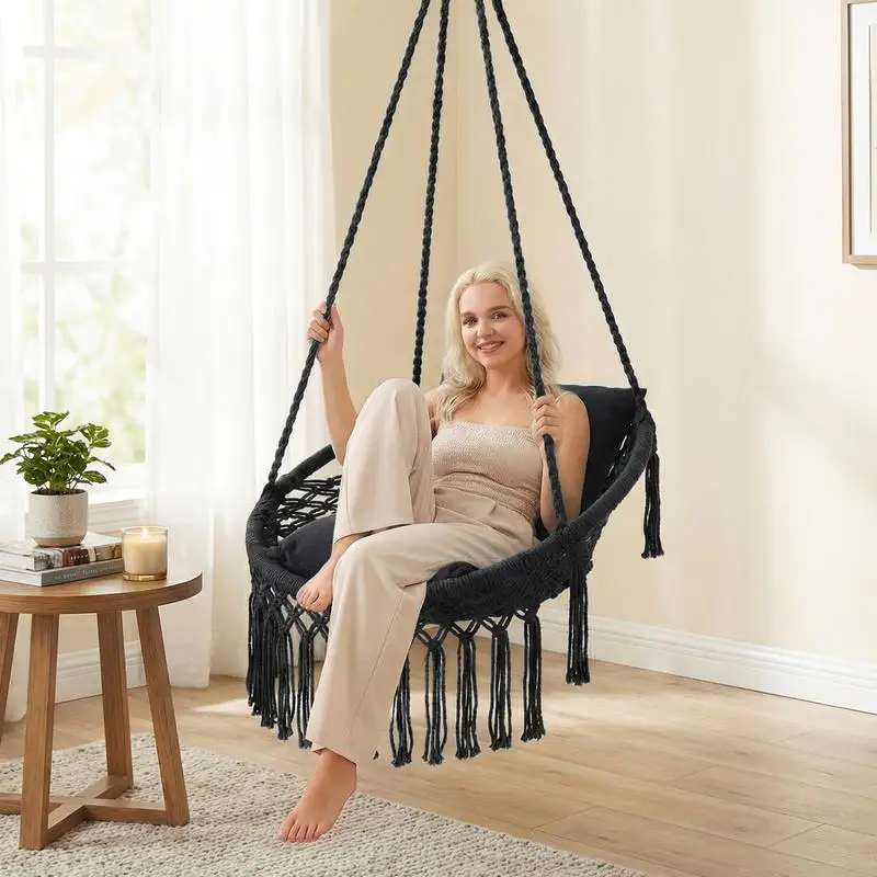 Macrame Swing Chair Hammock Chair with 2 Removable Cushions-Black
Macrame Swing Chair Hammock Chair with 2 Removable Cushions-Black