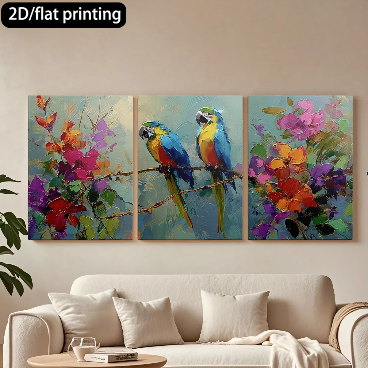 Three-panel decorative canvas paintingTwo macaws, branch, vibrant flowers.
Three-panel decorative canvas paintingTwo macaws, branch, vibrant flowers.