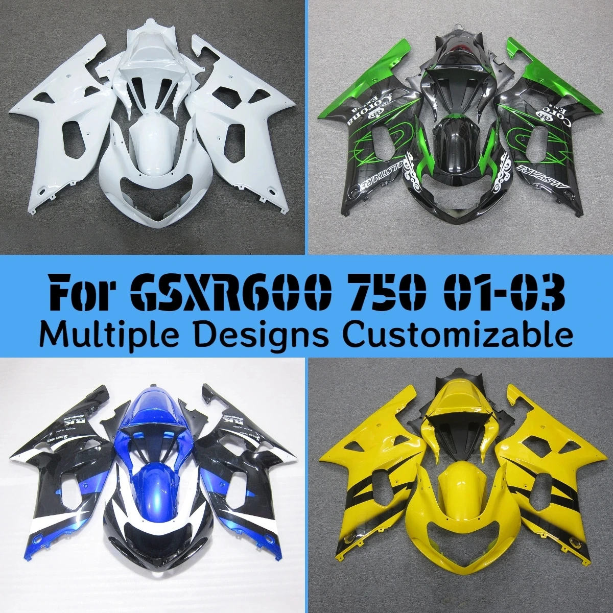 Motorcycle Bodywork Fairings for GSXR600 GSXR750 2001 2002 2003 Customizable Fairing Kit GSXR 600 750 01 02 03
Motorcycle Bodywork Fairings for GSXR600 GSXR750 2001 2002 2003 Customizable Fairing Kit GSXR 600 750 01 02 03