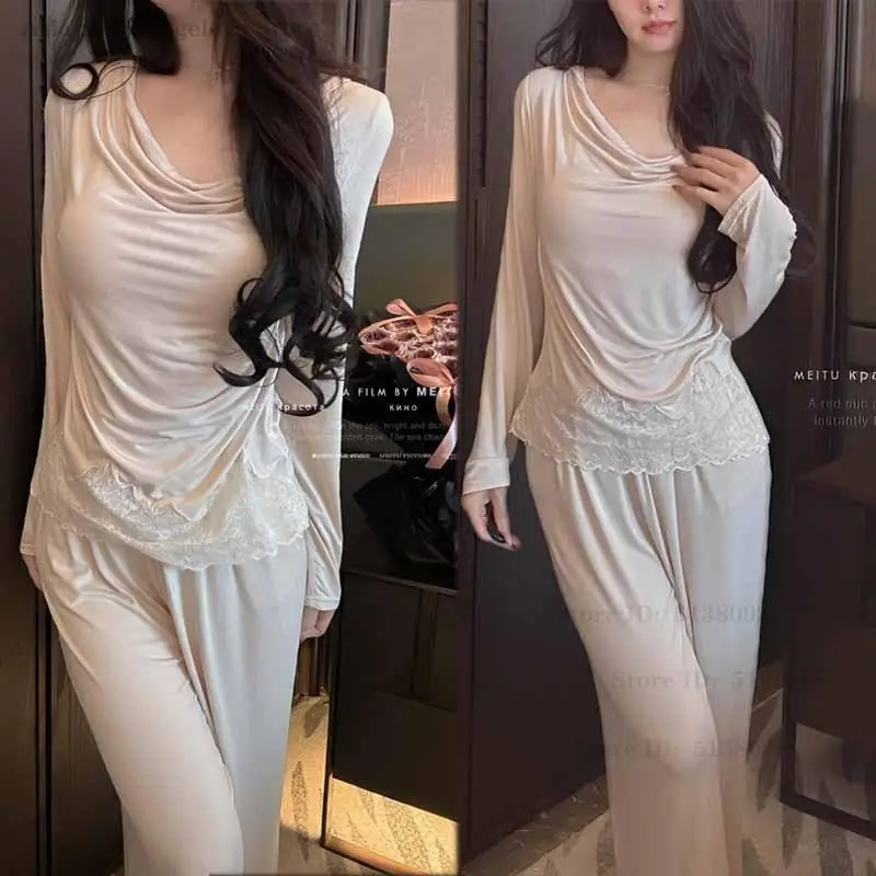 Modal Women Summer New Sexy Lace Pajamas Apricot Pleated Round Neck Sleepwear 2 Pcs Shirt&pant Long Sleeve Home Wear Nightwear
Modal Women Summer New Sexy Lace Pajamas Apricot Pleated Round Neck Sleepwear 2 Pcs Shirt&pant Long Sleeve Home Wear Nightwear