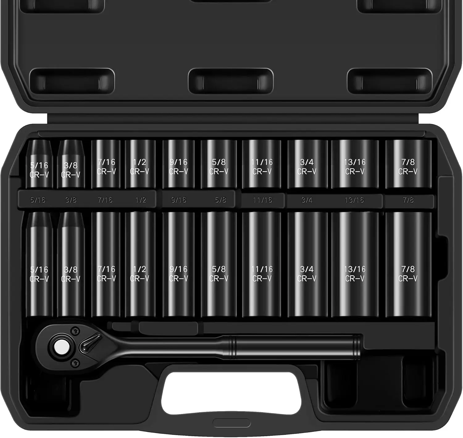 21-Piece 3/8" Drive Socket Set, SAE 5/16"-7/8", Deep & Shallow Sockets, 72-Tooth Ratchet, Cr-V
21-Piece 3/8" Drive Socket Set, SAE 5/16"-7/8", Deep & Shallow Sockets, 72-Tooth Ratchet, Cr-V