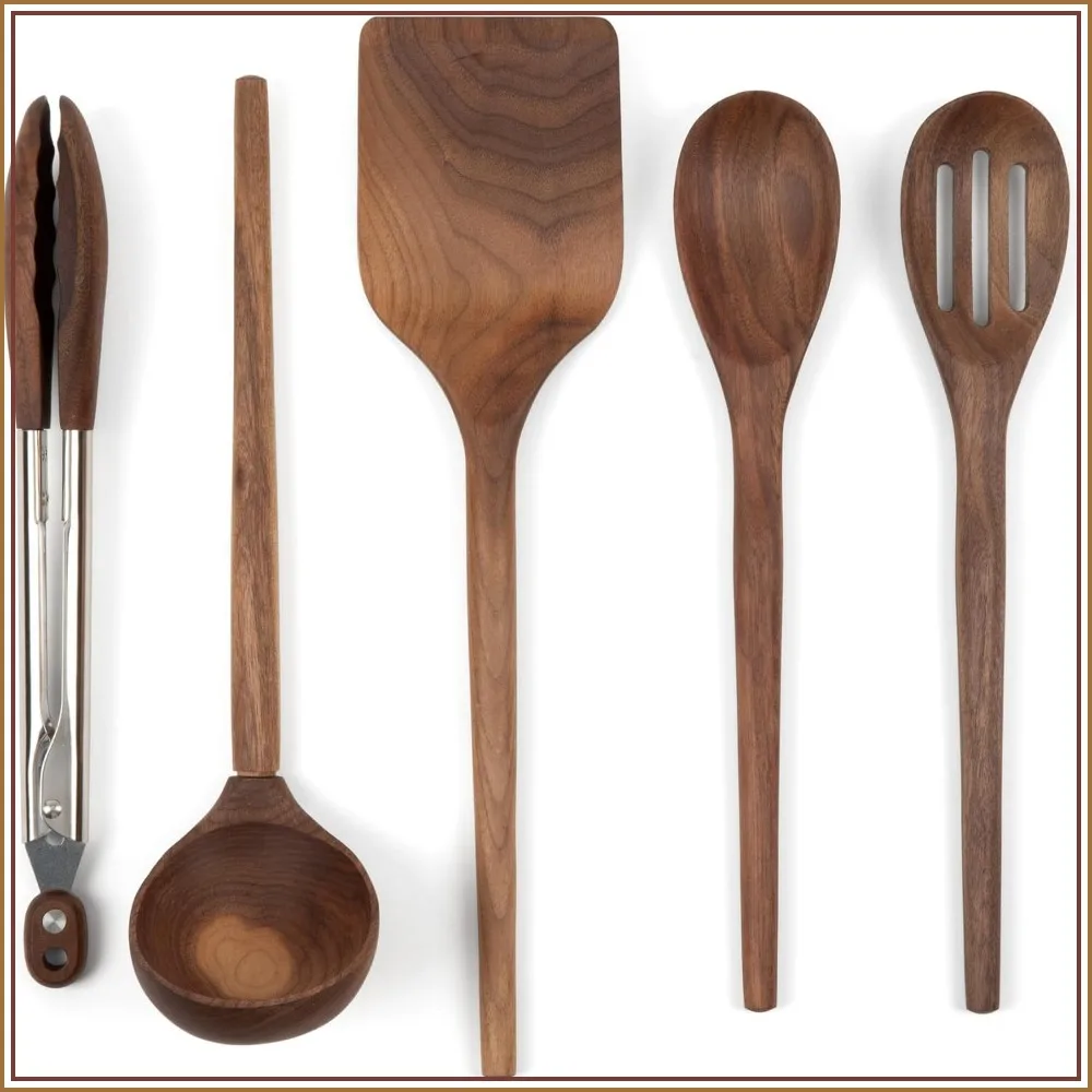 5-Piece Walnut Kitchen Utensil Set with Turner, Tongs, Slotted Spoon, Ladle, and 12" Spoon, Farmhouse Style
5-Piece Walnut Kitchen Utensil Set with Turner, Tongs, Slotted Spoon, Ladle, and 12" Spoon, Farmhouse Style