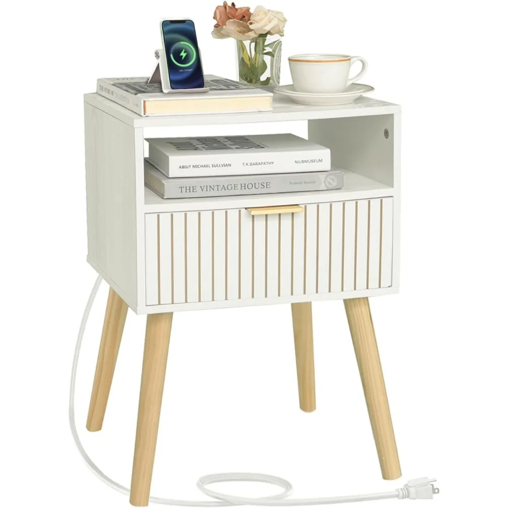 White Nightstand with Charging Station, Mid Century Modern Nightstand with Liner Drawer and Solid Wood Legs, Small Bedside Table
White Nightstand with Charging Station, Mid Century Modern Nightstand with Liner Drawer and Solid Wood Legs, Small Bedside Table