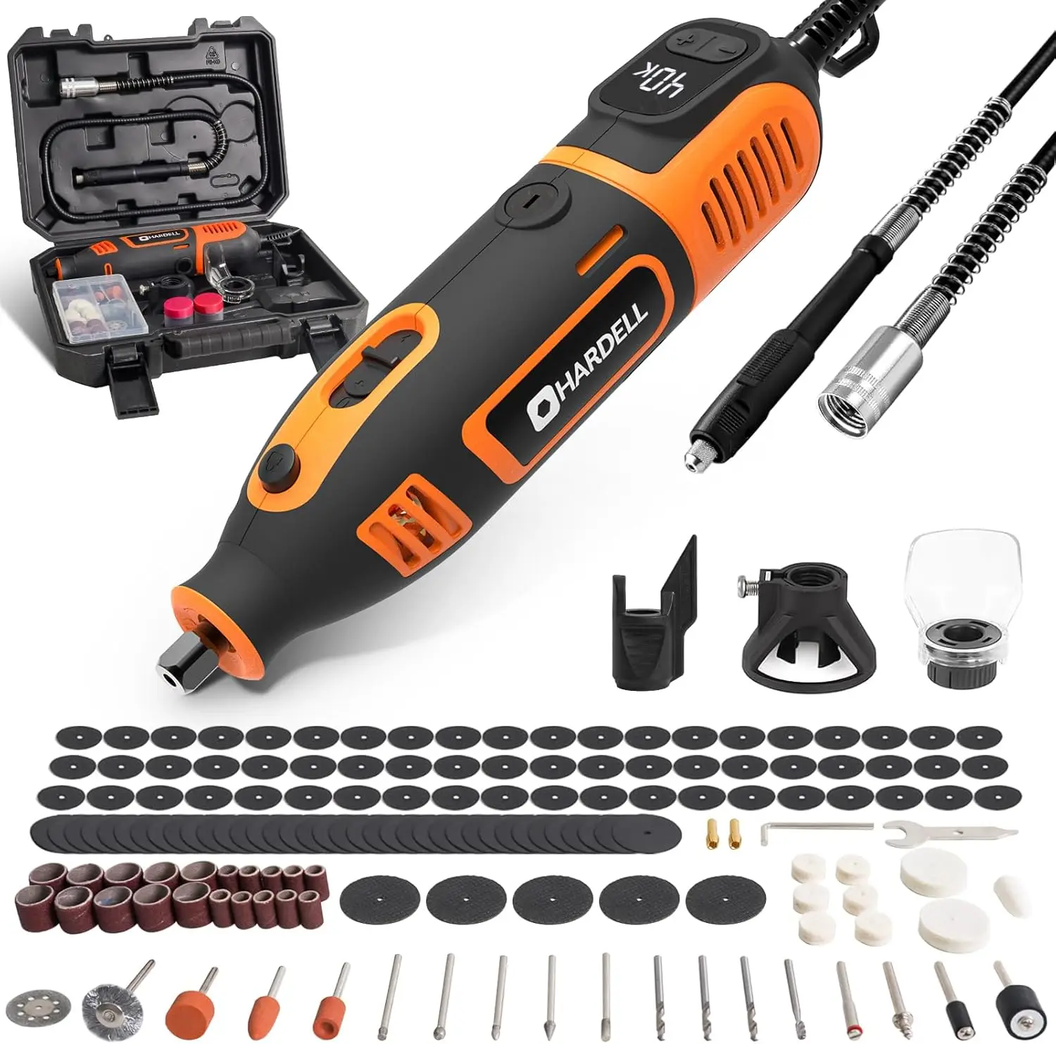 200W Corded Rotary Tool Kit with Fine Speed Control & Flex Shaft 8000-40000 RPM Digital Display, 155Pcs Accessories
200W Corded Rotary Tool Kit with Fine Speed Control & Flex Shaft 8000-40000 RPM Digital Display, 155Pcs Accessories