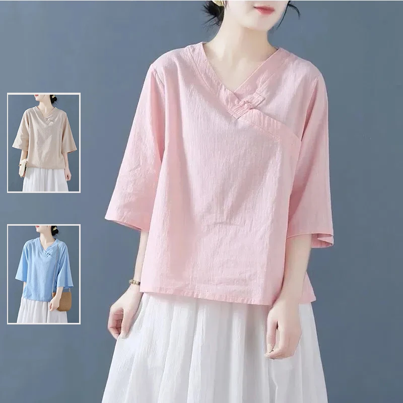 Summer New Large Size Women's Cotton Linen T-irt V-ne Button Five Sve Loose Fit Casual Wear Pure Color Top
Summer New Large Size Women's Cotton Linen T-irt V-ne Button Five Sve Loose Fit Casual Wear Pure Color Top