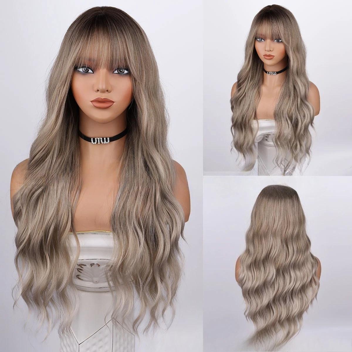 Qi bangs mixed silk long curly hair gradual change water ripple temperament wig full headgear
Qi bangs mixed silk long curly hair gradual change water ripple temperament wig full headgear