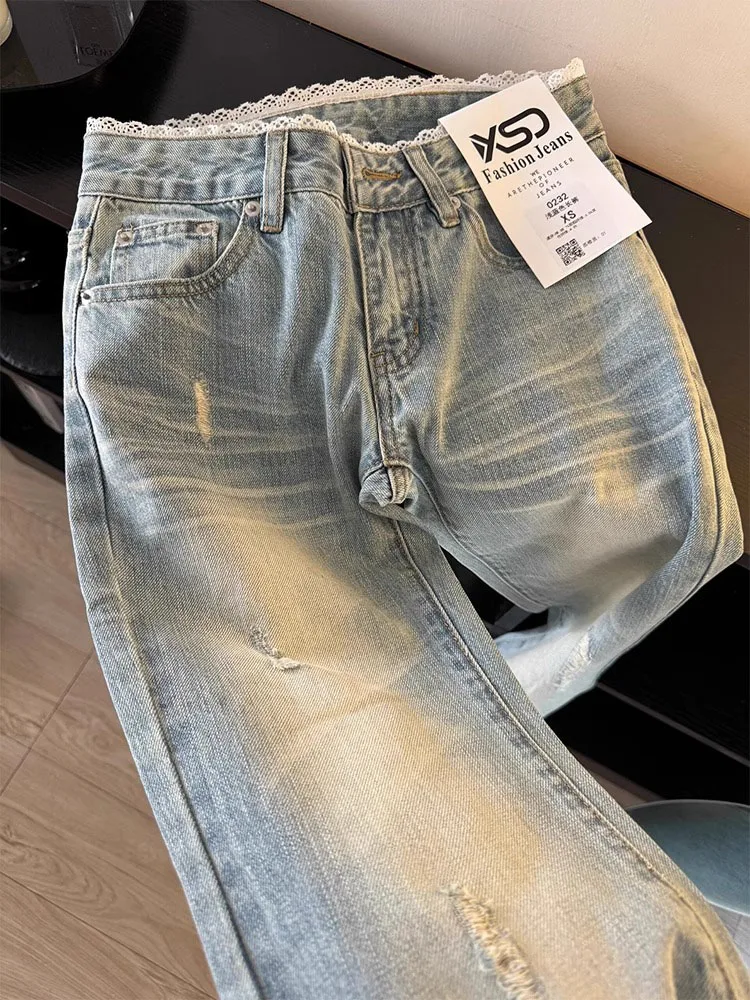 Женские модные дизайнерские джинсы с кружевной отделкой, повседневные рваные узкие джинсовые брюки, винтажные эластичные облегающие уличные брюки с высокой талией 
Женские модные дизайнерские джинсы с кружевной отделкой, повседневные рваные узкие джинсовые брюки, винтажные эластичные облегающие уличные брюки с высокой талией