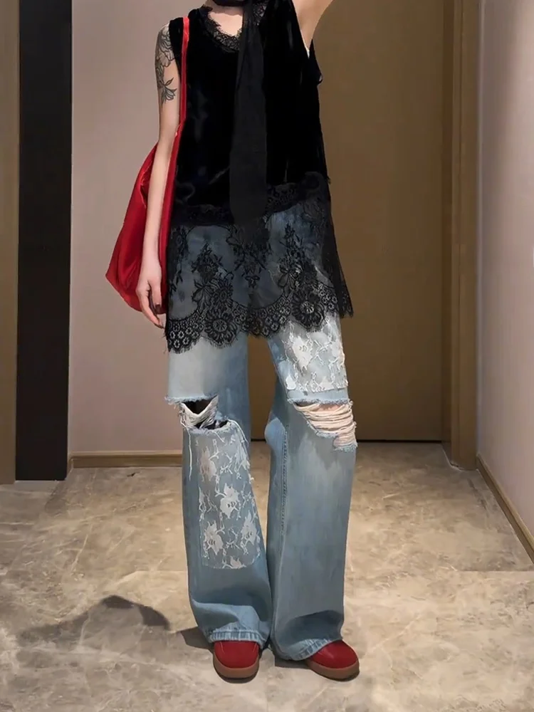 American High Street Design Lace Splicing Denim Pants Women Sexy Retro Washed Hole Casual Floor-Length Pants
American High Street Design Lace Splicing Denim Pants Women Sexy Retro Washed Hole Casual Floor-Length Pants