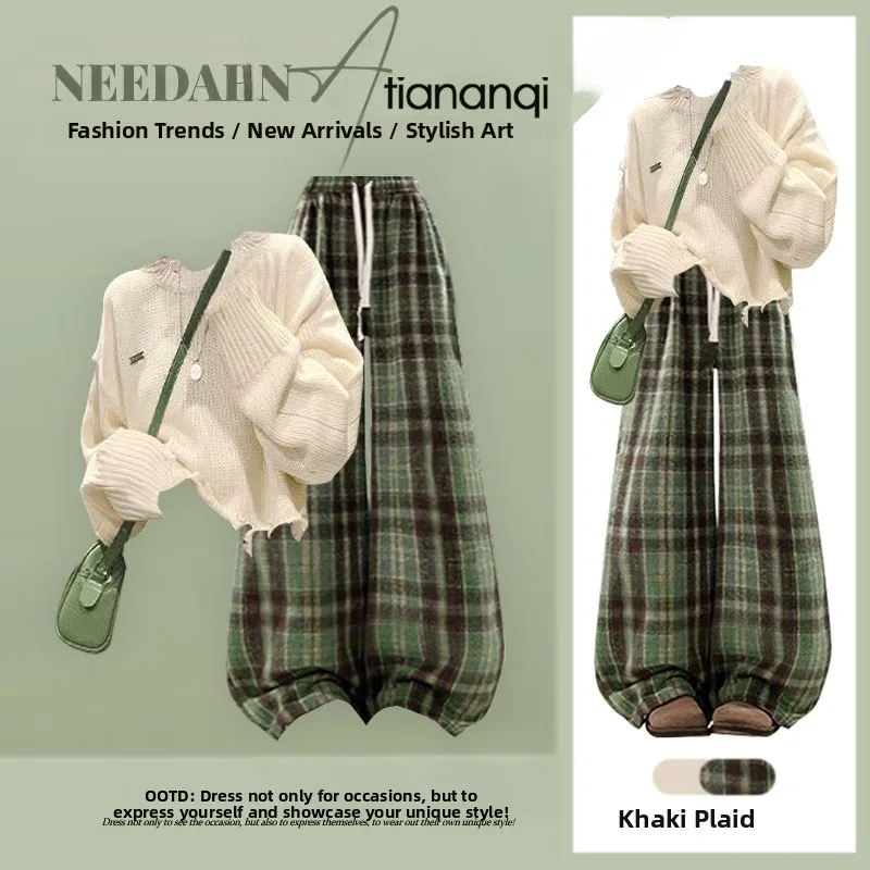 Anti-Aging Autumn Set Women's ort Knitted Sweater High Waist Plaid Casual Pants Two-Piece Korean Design Faion Ensemble
Anti-Aging Autumn Set Women's ort Knitted Sweater High Waist Plaid Casual Pants Two-Piece Korean Design Faion Ensemble