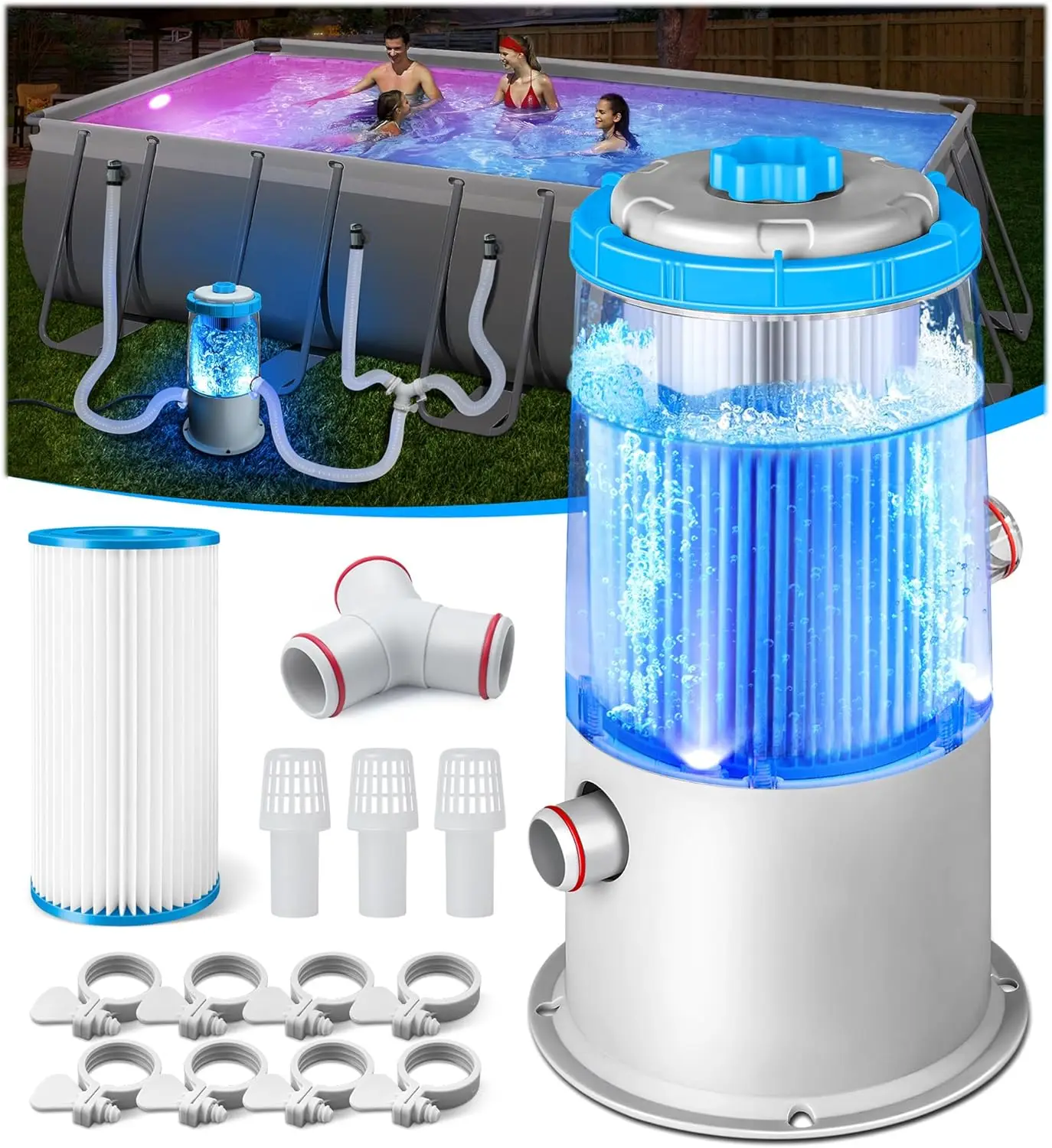 1000 GPH Light-Up Pool Filter Pump for Above Ground Pool|Built-in Blue LED Light,Transparent Housing
1000 GPH Light-Up Pool Filter Pump for Above Ground Pool|Built-in Blue LED Light,Transparent Housing