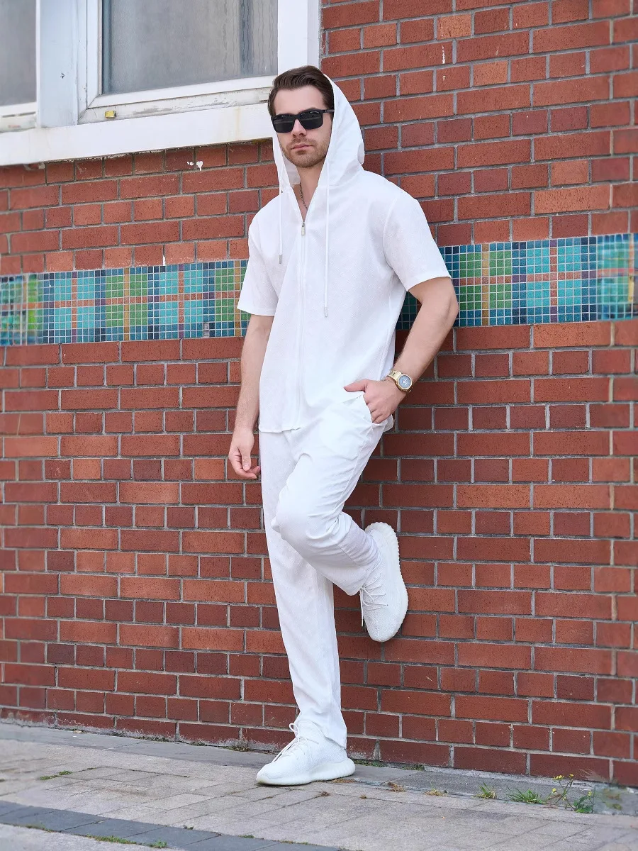Men's Summer New Jacquard 2-Piece Set, Zip-Up Hooded Short Sleeve Jacket & Pants, Solid Color Casual Fashion Outfit
Men's Summer New Jacquard 2-Piece Set, Zip-Up Hooded Short Sleeve Jacket & Pants, Solid Color Casual Fashion Outfit