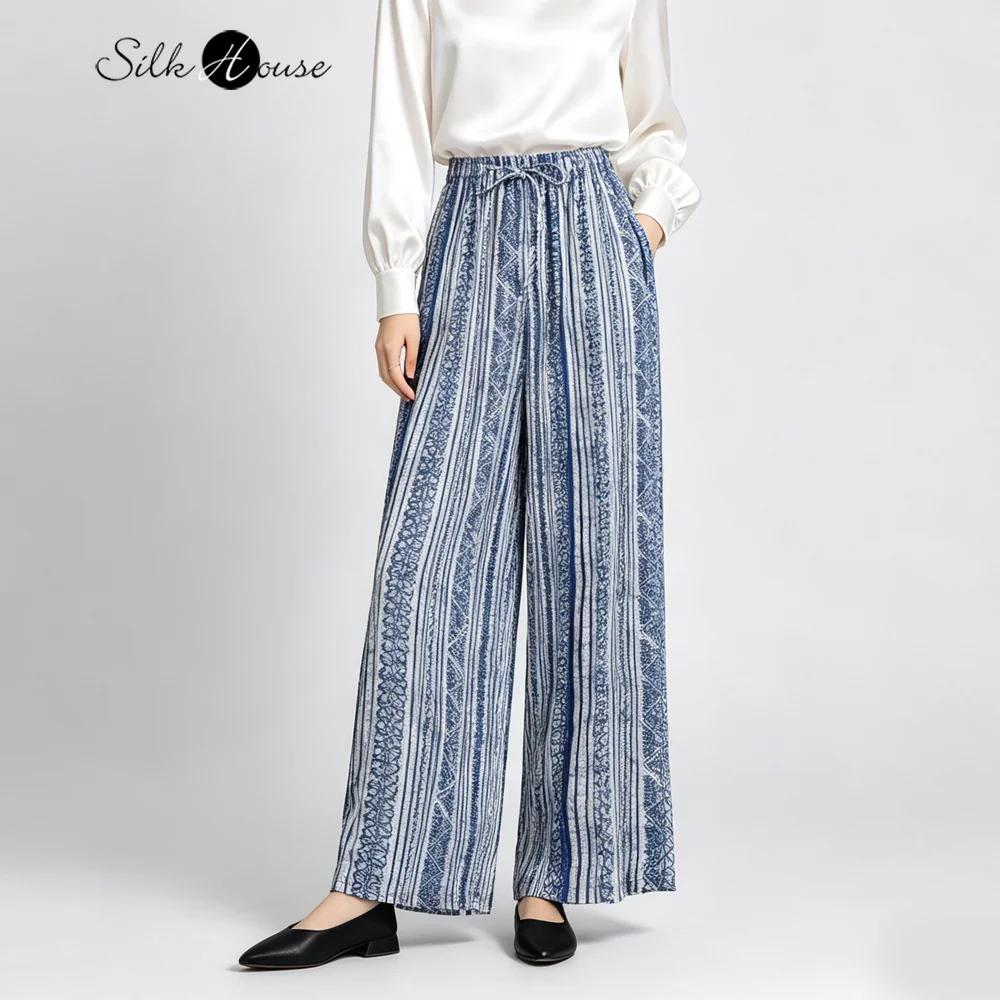 2026 Women's Casual Summer New Ethnic Style Blue and White Stripes 100% Natural Mulberry Silk Elastic Waist Straight Leg Pants
2026 Women's Casual Summer New Ethnic Style Blue and White Stripes 100% Natural Mulberry Silk Elastic Waist Straight Leg Pants