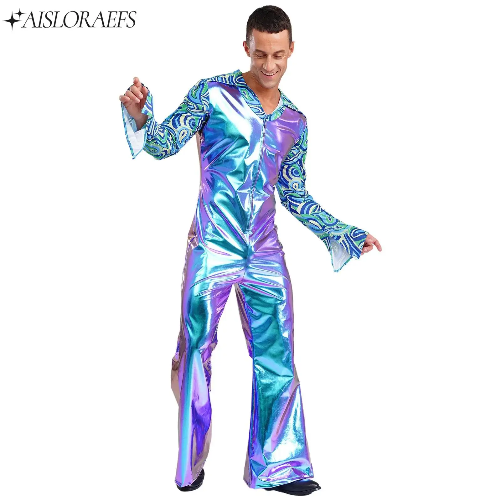 Mens 80s Disco Cosplay Costume Hippie Rompers Lapel V Neck Flare Jumpsuit for Halloween Rock Music Party Jazz Tap Dancewear
Mens 80s Disco Cosplay Costume Hippie Rompers Lapel V Neck Flare Jumpsuit for Halloween Rock Music Party Jazz Tap Dancewear