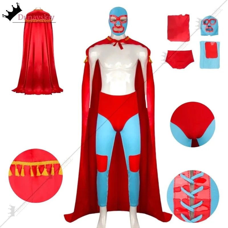 New Men's Nach0 Cosplay Costume Mexican Wrestling Libre Red Cloak Mask Pants Shorts Full Set Adult Halloween Carnival Costumes
New Men's Nach0 Cosplay Costume Mexican Wrestling Libre Red Cloak Mask Pants Shorts Full Set Adult Halloween Carnival Costumes