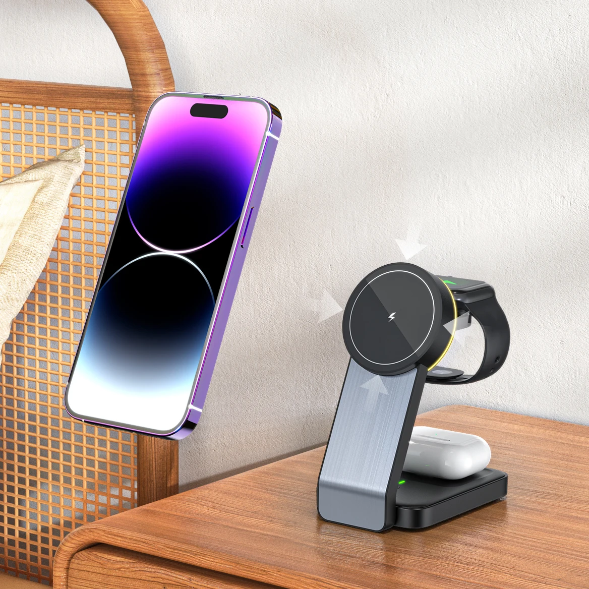 2024 Hot sale new 15W multifunctional intelligent wireless charger base 3-in-1 wireless fast charger
2024 Hot sale new 15W multifunctional intelligent wireless charger base 3-in-1 wireless fast charger