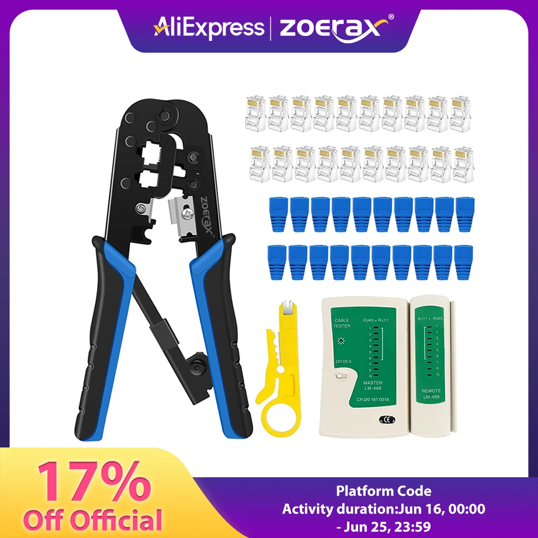 ZoeRax RJ45 Cat6 Crimping Tool Kit with RJ11/12/45 Crimper, 20PCS Cat6 Connectors and Covers,Network Cable Tester,Wire Stripper
ZoeRax RJ45 Cat6 Crimping Tool Kit with RJ11/12/45 Crimper, 20PCS Cat6 Connectors and Covers,Network Cable Tester,Wire Stripper