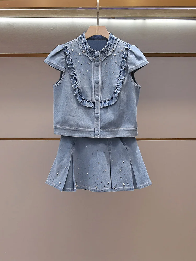 Withered Women's Summer New Style Age Reducing Style Nail Bead Niche Top Pleated Skirt Denim Suit
Withered Women's Summer New Style Age Reducing Style Nail Bead Niche Top Pleated Skirt Denim Suit