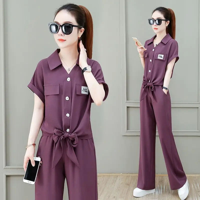 Women's Sportswear Pants Sets Summer 2 Pieces Outfits Casual Turn Collar Single-breasted Blouse Top Pantsuits Oversize Clothing
Women's Sportswear Pants Sets Summer 2 Pieces Outfits Casual Turn Collar Single-breasted Blouse Top Pantsuits Oversize Clothing