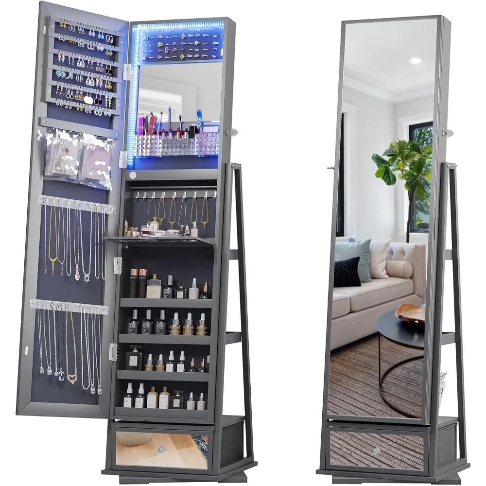 360° Rotating Jewelry Armoire with Full Length Mirror, Large Capacity 3 Color Dimmable Jewelry Organizer Armoire, Lockable Floor
360° Rotating Jewelry Armoire with Full Length Mirror, Large Capacity 3 Color Dimmable Jewelry Organizer Armoire, Lockable Floor