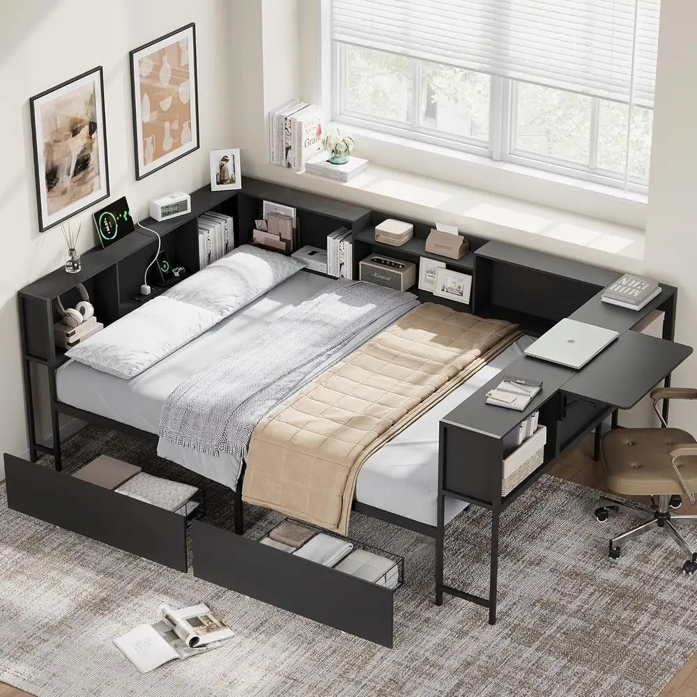U-Shaped Metal Bed with Storage, Bookcase, and Foldable Desk for Teens & Kids, Daybed with Charging Station and 2 Drawers
U-Shaped Metal Bed with Storage, Bookcase, and Foldable Desk for Teens & Kids, Daybed with Charging Station and 2 Drawers