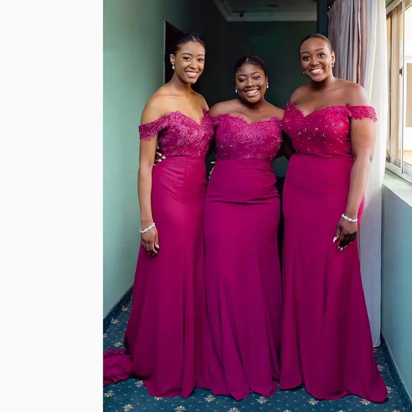 Fuchsia Off-Shoulder Mermaid Bridesmaid Dresses Floor-Length Applique Beaded Satin long Wedding Party Events
Fuchsia Off-Shoulder Mermaid Bridesmaid Dresses Floor-Length Applique Beaded Satin long Wedding Party Events
