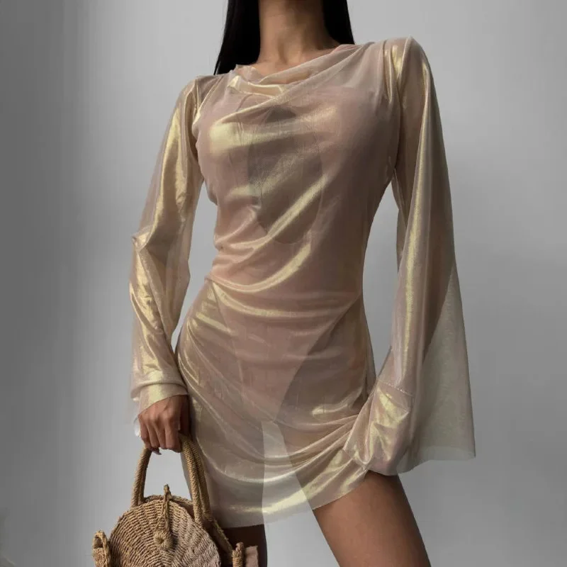 Mesh Hot Stamping Dress European And America Autumn Sexy Temperament Perspective Micro Trumpet Long Sleeved Spicy Girl Dress New
Mesh Hot Stamping Dress European And America Autumn Sexy Temperament Perspective Micro Trumpet Long Sleeved Spicy Girl Dress New