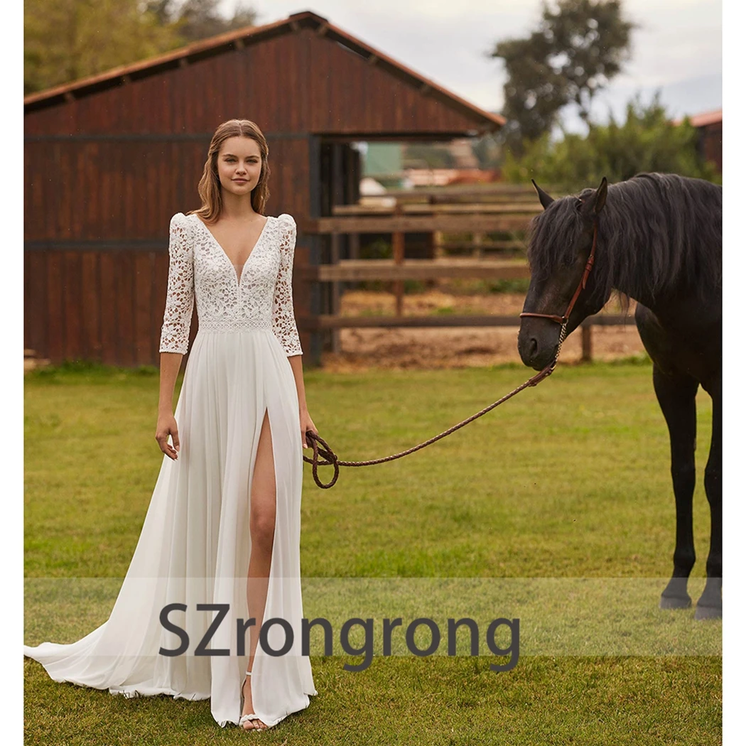Customized Women 3/4 Sleeve Lace Boho Wedding Party Dress Chiffon Open Back Floor Length Side High Slit Bridal Gown with Train
Customized Women 3/4 Sleeve Lace Boho Wedding Party Dress Chiffon Open Back Floor Length Side High Slit Bridal Gown with Train