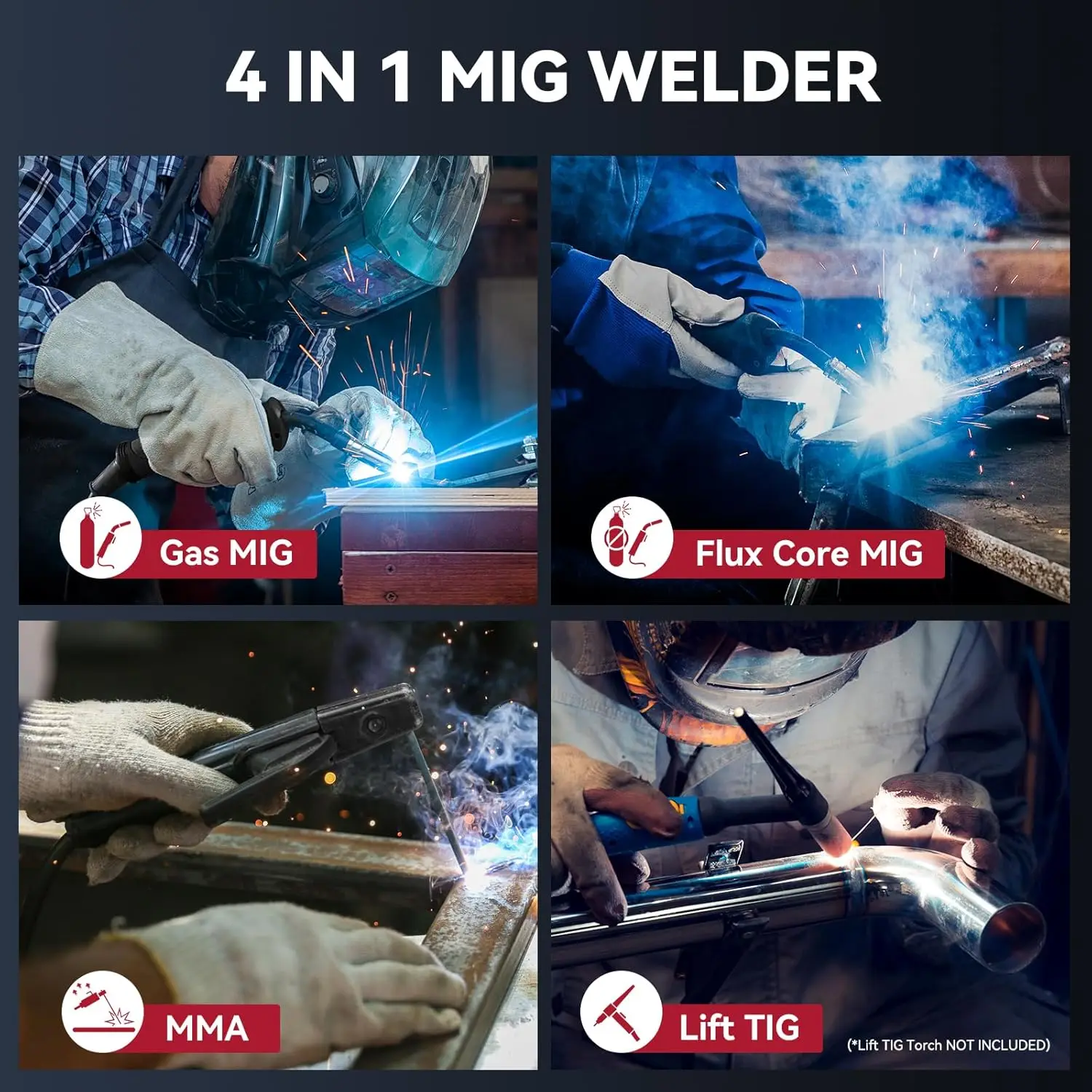 160A 4-in-1 MIG Welder, 110V/220V, Flux Core & Gas MIG/TIG/Stick with Synergy, 1lb Wire
160A 4-in-1 MIG Welder, 110V/220V, Flux Core & Gas MIG/TIG/Stick with Synergy, 1lb Wire