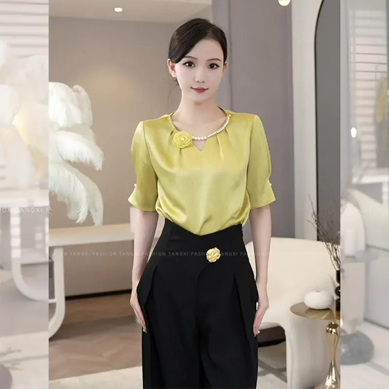 Women Clothing Summer Korean Fashion Hollow Out Solid Color Satin O-neck Temperament Shirts Simplicity Elegant Appear Thin Tops
Women Clothing Summer Korean Fashion Hollow Out Solid Color Satin O-neck Temperament Shirts Simplicity Elegant Appear Thin Tops