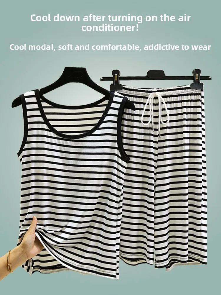 Loose Modal Sleepwear Women Summer Thin Sleeveless Home Vest Shorts Set with Chest Pad Stripe Pattern Casual round Neck
Loose Modal Sleepwear Women Summer Thin Sleeveless Home Vest Shorts Set with Chest Pad Stripe Pattern Casual round Neck