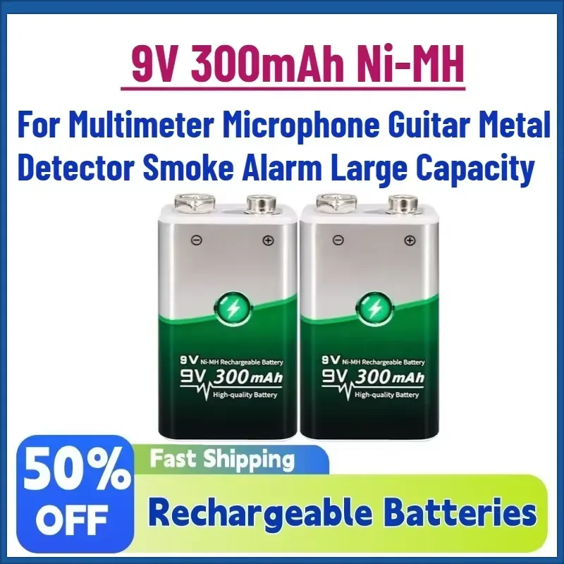 High-Quality New 9V 300mAh Ni-MH Rechargeable Battery for Multimeter Microphone Guitar Metal Detector Smoke Alarm Large
High-Quality New 9V 300mAh Ni-MH Rechargeable Battery for Multimeter Microphone Guitar Metal Detector Smoke Alarm Large
