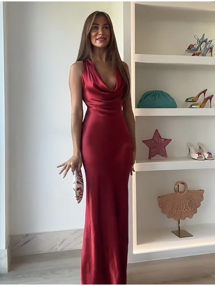 Wine Red Satin Dress Sleeveless Draped Neckline Slim Maxi Hem Long Dress 2025 Summer Women's Fashion Banquet Cocktail Dresses
Wine Red Satin Dress Sleeveless Draped Neckline Slim Maxi Hem Long Dress 2025 Summer Women's Fashion Banquet Cocktail Dresses