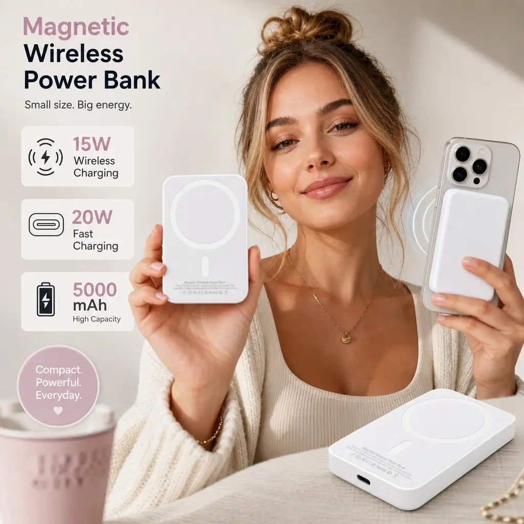 5000mAh Minimalist Magnetic Wireless Power Bank 15W 20W USB C Fast Charging Portable Battery Pack 16 15 14 13 12 Compatible Slim Design Weekend Getaway Beach Trip Office Commute Travel Essential White
5000mAh Minimalist Magnetic Wireless Power Bank 15W 20W USB C Fast Charging Portable Battery Pack 16 15 14 13 12 Compatible Slim Design Weekend Getaway Beach Trip Office Commute Travel Essential White