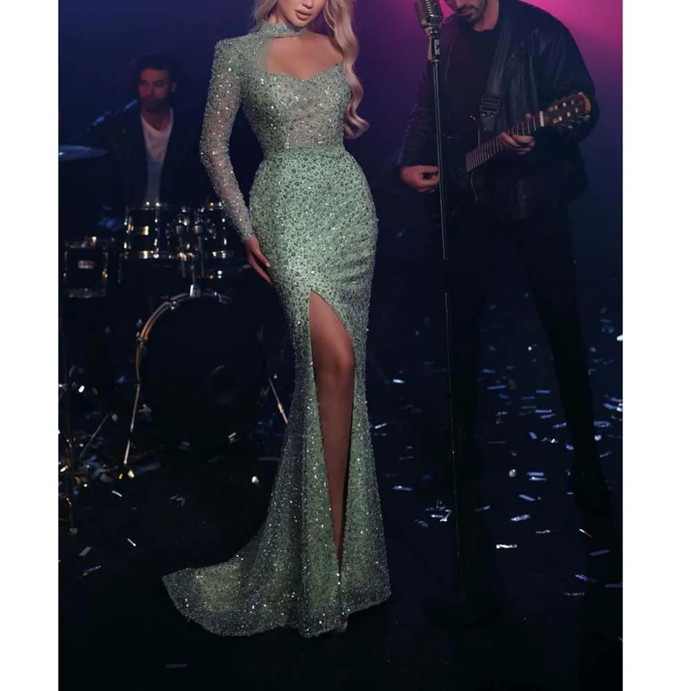 Luxury Green Evening Party Dresses Floor Length MERMAID Side Split High Collar Full Sleeves Fashion Women Banquet Prom Gowns
Luxury Green Evening Party Dresses Floor Length MERMAID Side Split High Collar Full Sleeves Fashion Women Banquet Prom Gowns