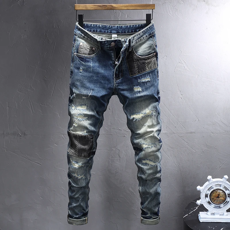 High Street Fashion Men Jeans Retro Washed Blue Stretch Slim Fit Patched Designer Ripped Jeans Men Hip Hop Vintage Denim Pants
High Street Fashion Men Jeans Retro Washed Blue Stretch Slim Fit Patched Designer Ripped Jeans Men Hip Hop Vintage Denim Pants