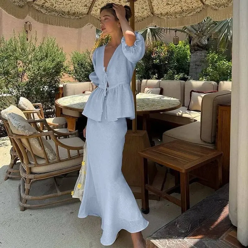 Summer 100% cotton set V-neck bubble sleeve A-shaped long dress 2-piece set Women's fashion pleated loose set
Summer 100% cotton set V-neck bubble sleeve A-shaped long dress 2-piece set Women's fashion pleated loose set