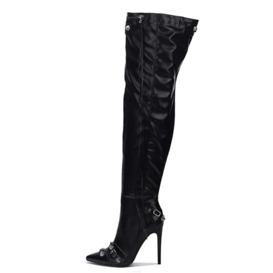 Cape Robbin Women's Thigh High Boots Pointy Toe - 3.5 Inch Heel Metallic PU Leather Boots with Stud and Buckle Trim, Dangling L
Cape Robbin Women's Thigh High Boots Pointy Toe - 3.5 Inch Heel Metallic PU Leather Boots with Stud and Buckle Trim, Dangling L