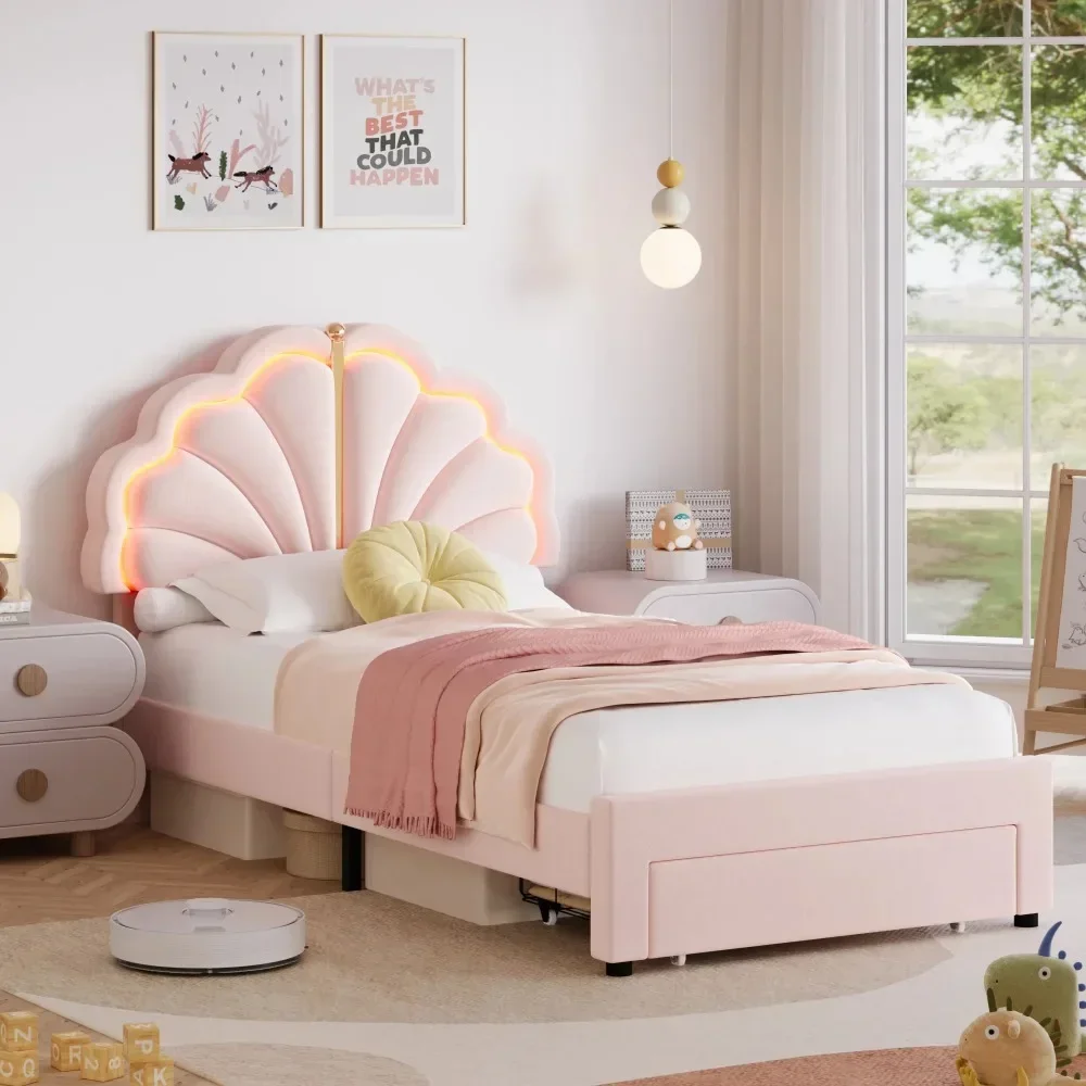 Princess Platform Bed with Adjustable Cute Headboard for Kids, Twin Upholstered LED Kids Bed Frame with Storage Drawers, Velvet
Princess Platform Bed with Adjustable Cute Headboard for Kids, Twin Upholstered LED Kids Bed Frame with Storage Drawers, Velvet
