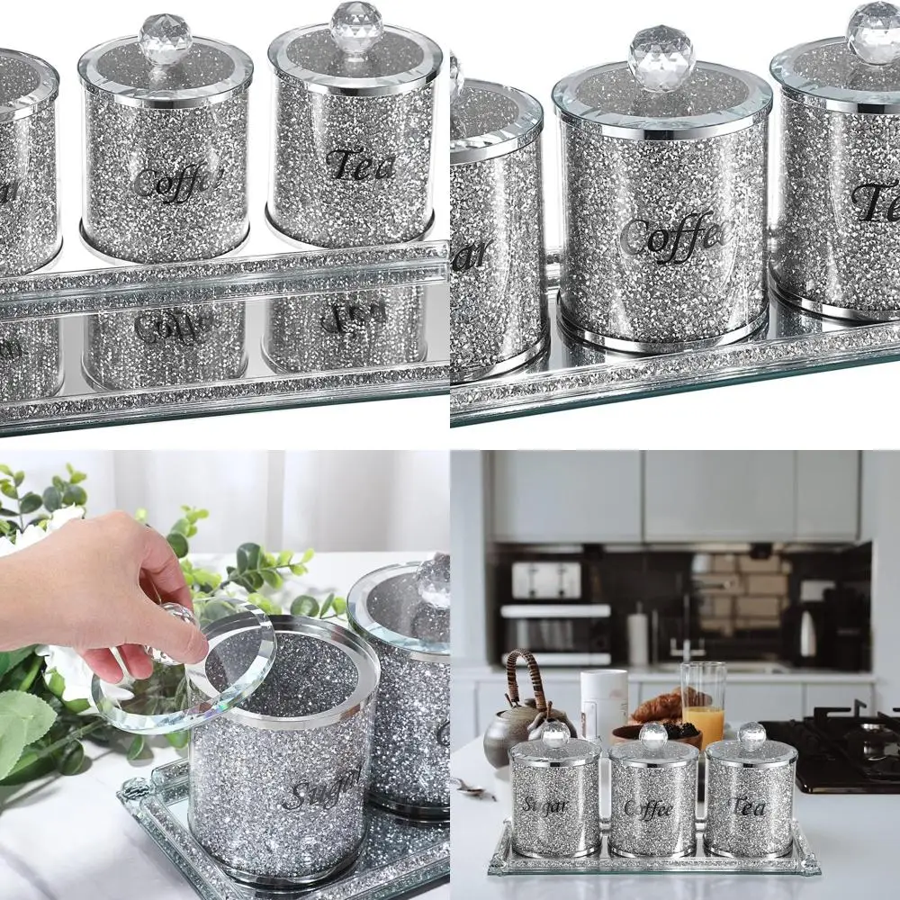 4-Piece Glass Crushed Diamond Canister Set with Tray for Sugar, Coffee, and Tea - Elegant Storage Solutions for Kitchen and Dini
4-Piece Glass Crushed Diamond Canister Set with Tray for Sugar, Coffee, and Tea - Elegant Storage Solutions for Kitchen and Dini