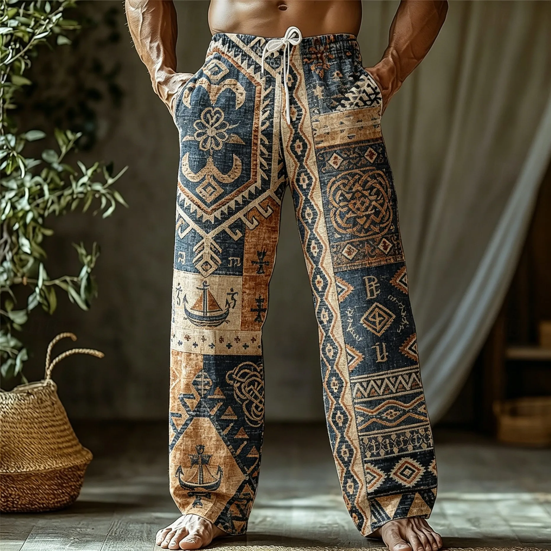 Men's Drawstring Waist Nordic Ship & Ethnic Geometric Patch Print Long Pants, Relaxed Loose Fit for Summer Beach Daily Outfits
Men's Drawstring Waist Nordic Ship & Ethnic Geometric Patch Print Long Pants, Relaxed Loose Fit for Summer Beach Daily Outfits