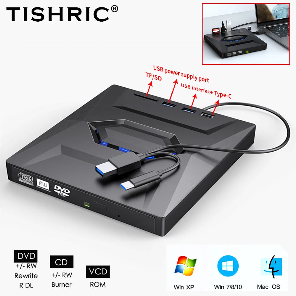 Тонкий внешний DVD RW CD-привод TISHRIC, устройство для чтения дисков и записей, USB 3,0, Type C, для ноутбуков, ПК, dvd-плееров
Тонкий внешний DVD RW CD-привод TISHRIC, устройство для чтения дисков и записей, USB 3,0, Type C, для ноутбуков, ПК, dvd-плееров