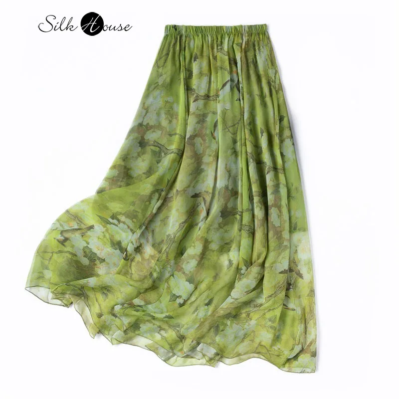 Grass Green Ink Print Romantic and Elegant 100% Natural Mulberry Silk Georgette Elastic Waist Large Swing Double-layer Skirt
Grass Green Ink Print Romantic and Elegant 100% Natural Mulberry Silk Georgette Elastic Waist Large Swing Double-layer Skirt