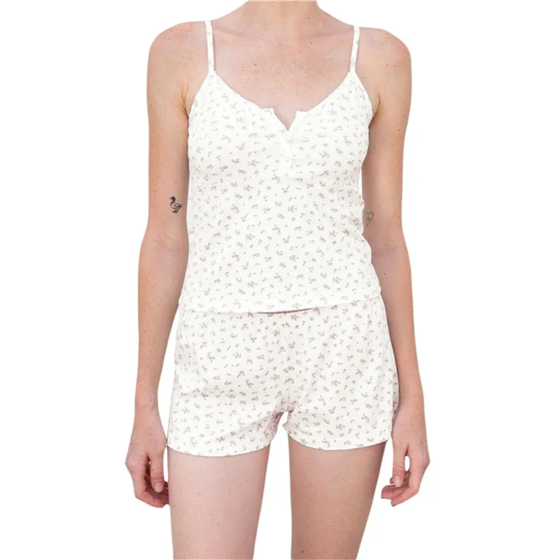 Women Summer Shorts Set Casual Floral/ Dot Print Button V-neck Sleeveless Camisole + Elastic Shorts Pajamas Loungewear Home Wear
Women Summer Shorts Set Casual Floral/ Dot Print Button V-neck Sleeveless Camisole + Elastic Shorts Pajamas Loungewear Home Wear