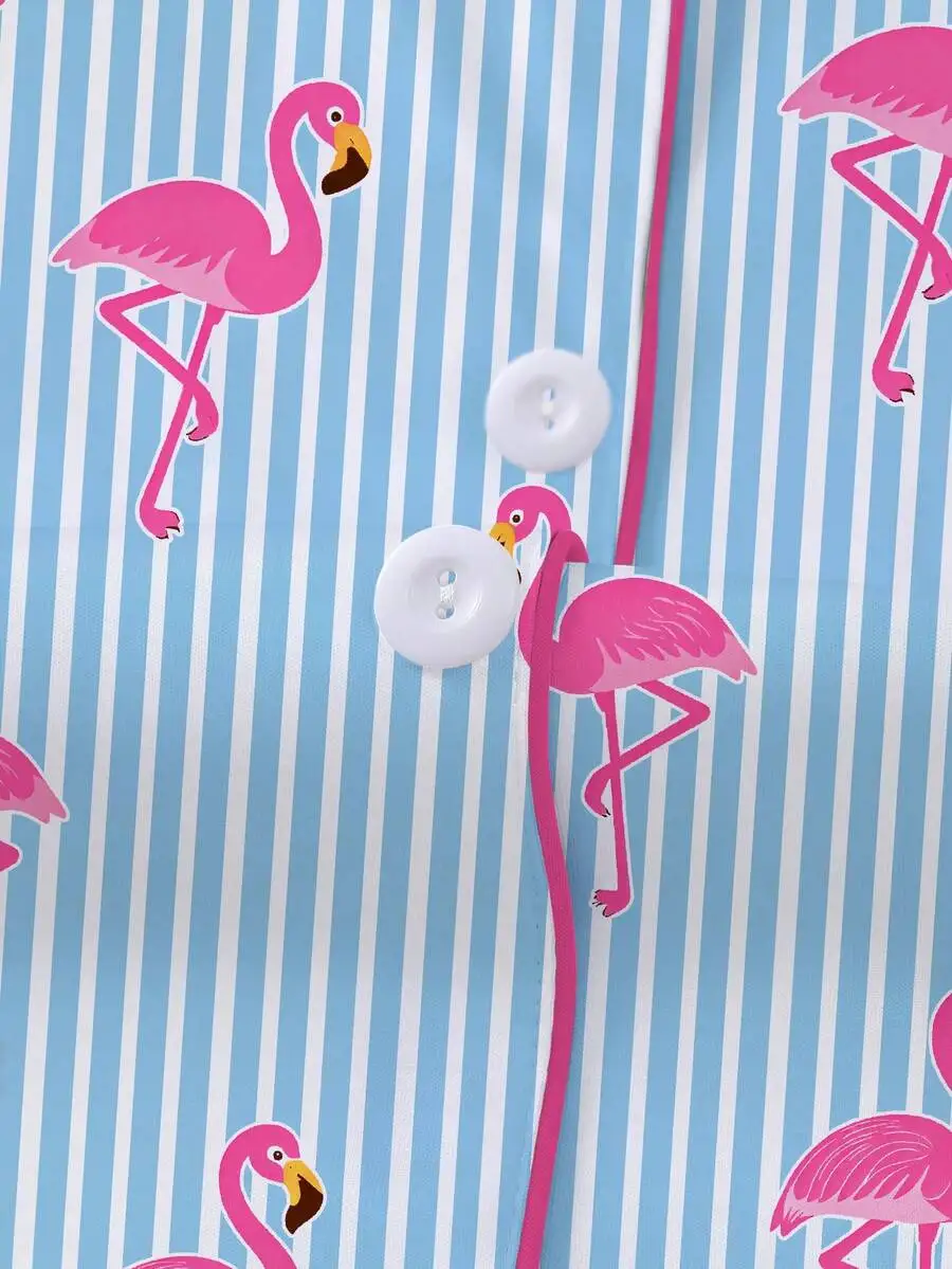 Womens 2-Piece Sleepwear Set Striped Flamingo Print Short Sleeve Button Shirt Elastic Waist Shorts
Womens 2-Piece Sleepwear Set Striped Flamingo Print Short Sleeve Button Shirt Elastic Waist Shorts