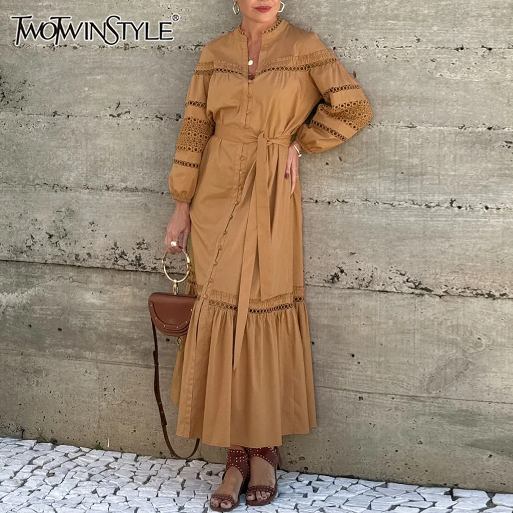 TWOTWINSTYLE Solid Hollow Out Spliced Lace Up Dresses for Women V Neck Long Sleeves Patchwork Single Breasted Dress Female New
TWOTWINSTYLE Solid Hollow Out Spliced Lace Up Dresses for Women V Neck Long Sleeves Patchwork Single Breasted Dress Female New