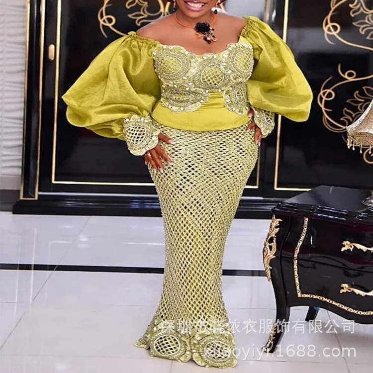 Lace embroidered long skirt wrap chest style temperament office lady bubble sleeve straight collar yellow high waist dress
Lace embroidered long skirt wrap chest style temperament office lady bubble sleeve straight collar yellow high waist dress